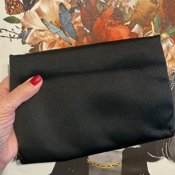 Vintage Art Deco Pure Silk Black Luxury Evening Clutch with Gold Fan Clasp 1950s